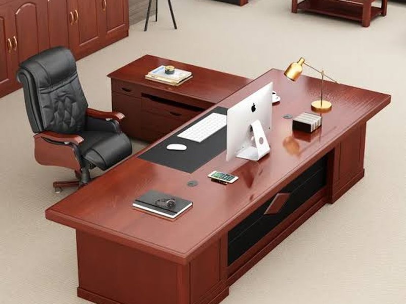 Cherry wood executive L-shape desk with matching credenza